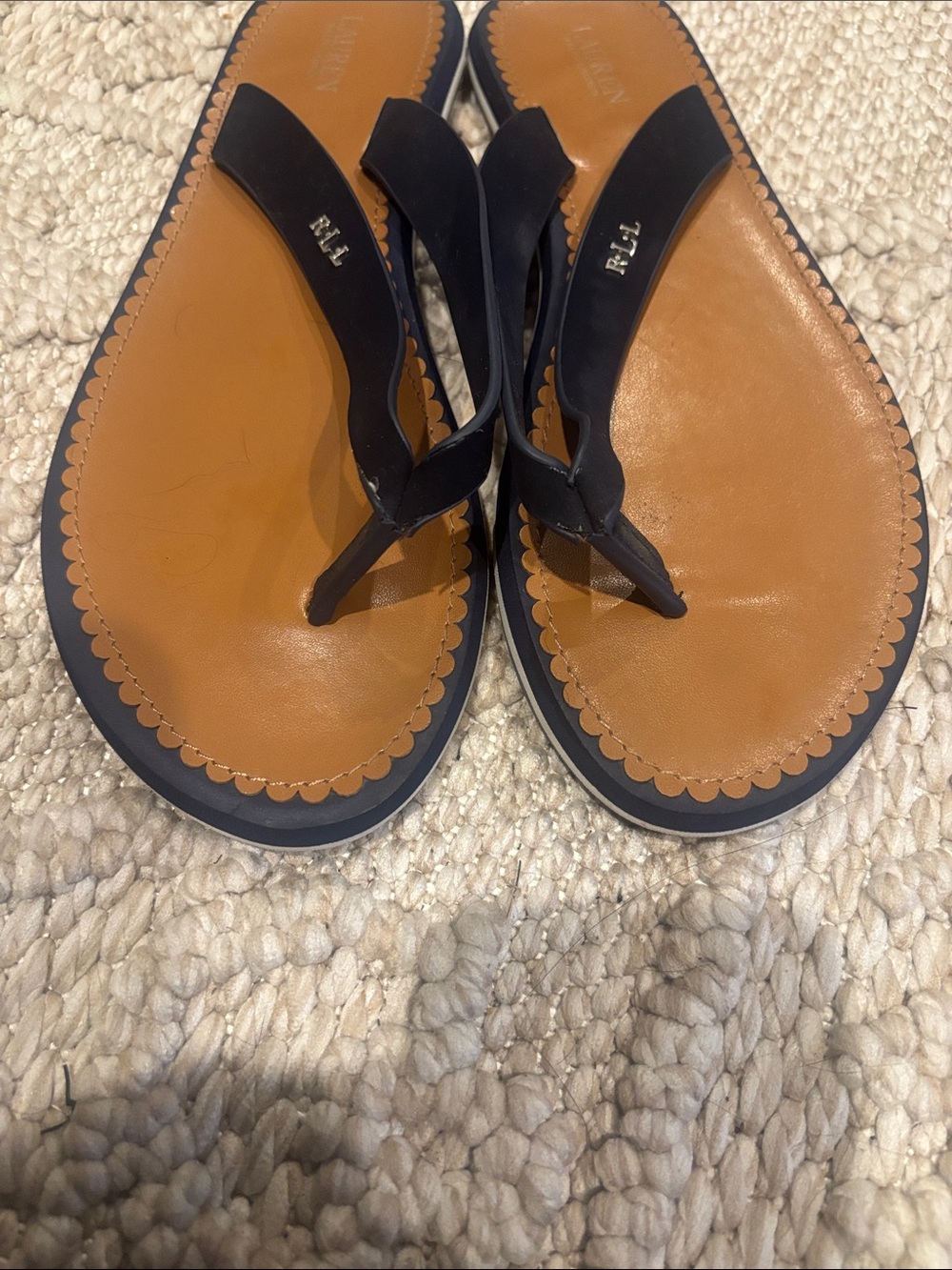 Ralph Lauren Navy & Tan Leather Thong Sandals